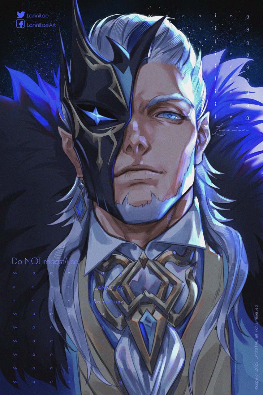1boy, absurdres, artist_name, beard, blue_eyes, close-up, collared_shirt, ear_piercing, earrings, facial_hair, gem, genshin_impact, highres, jacket, jewelry, lannitae, long_hair, looking_at_viewer, male_focus, mask, mature_male, one_eye_covered, piercing, pierro_(genshin_impact), pointy_ears, shirt, solo, stud_earrings, twitter_username, white_hair