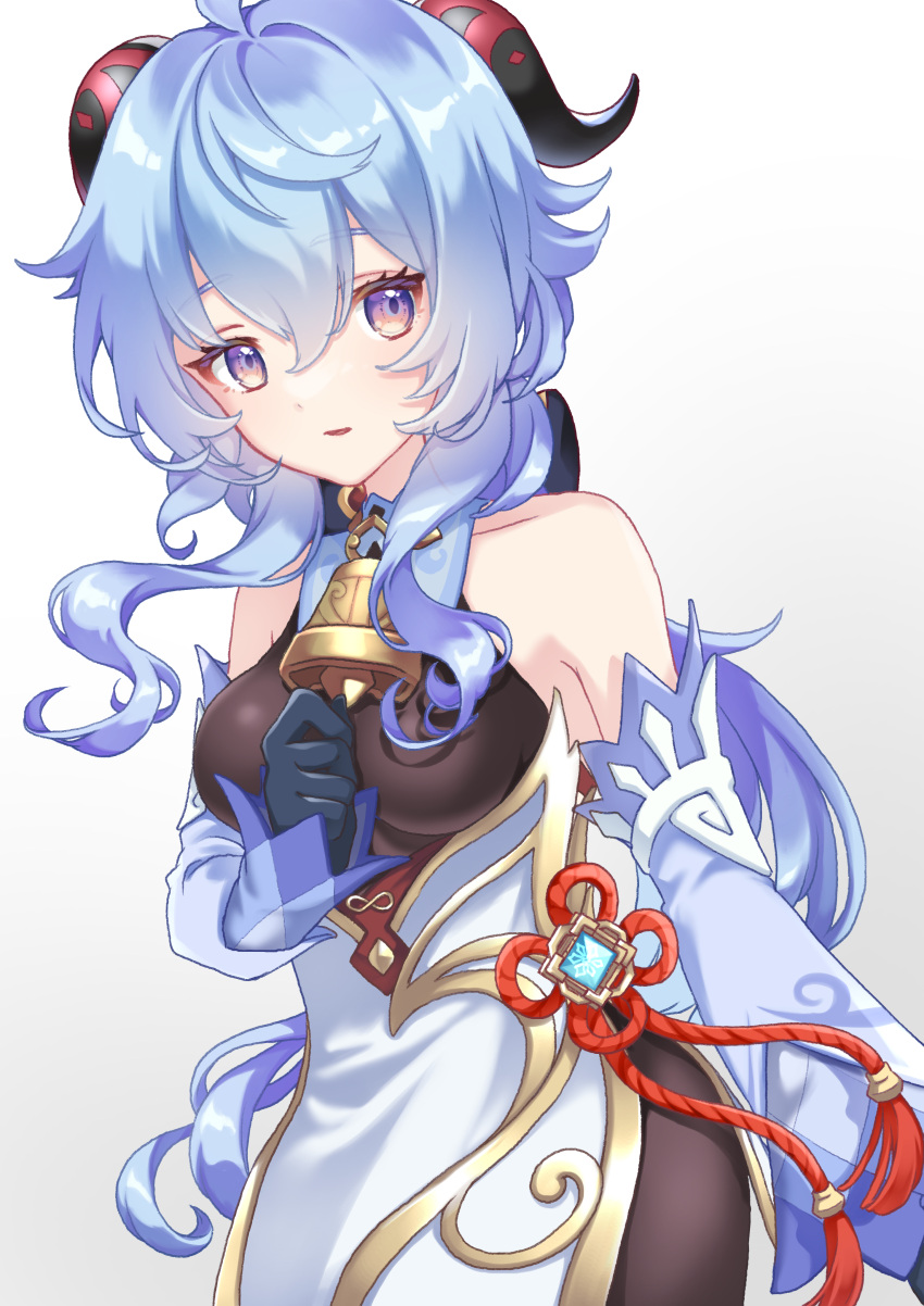 1girl, absurdres, bangs, bare_shoulders, bell, blue_gloves, blue_hair, blush