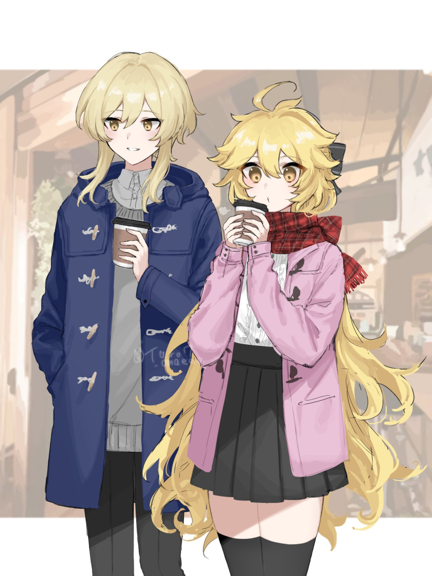 1boy, 1girl, :t, aether_(genshin_impact), ahoge, alternate_costume, blonde_hair, blowing, blue_jacket, bow_hairband, buttons, collared_shirt, drink, frilled_skirt, frills, genderswap, genderswap_(ftm), genderswap_(mtf), genshin_impact, hairband, highres, holding, holding_drink, jacket, light_rays, lumine_(genshin_impact), pink_jacket, pleated_shorts, scarf, shiny, shiny_hair, shirt, siblings, skirt, standing, sweater, tareme, taro7_omaeee, tsurime, twins, wavy_hair, white_shirt