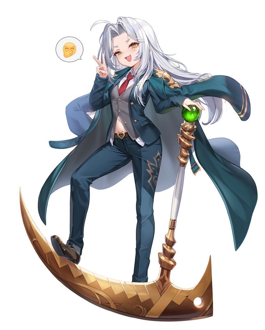 1girl, absurdres, ahoge, artist_request, bad_link, blue_pants, blush, emoji, full_body, game_cg, genderswap, genderswap_(mtf), god_of_harvest_kamael, grey_hair, guardian_tales, highres, holding, holding_weapon, jacket, jacket_on_shoulders, long_hair, looking_at_viewer, navel, necktie, official_art, pants, smirk, solo, source_request, speech_bubble, uniform, weapon, yellow_eyes