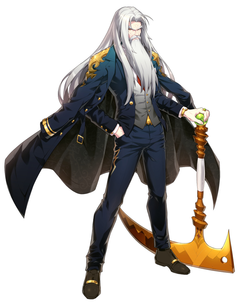 1boy, absurdres, beard, blue_pants, facial_hair, full_body, game_cg, god_of_harvest_kamael, guardian_tales, highres, holding, holding_weapon, jacket, jacket_on_shoulders, long_hair, looking_at_viewer, official_art, pants, solo, standing, transparent_background, watch, weapon, white_hair, yellow_eyes