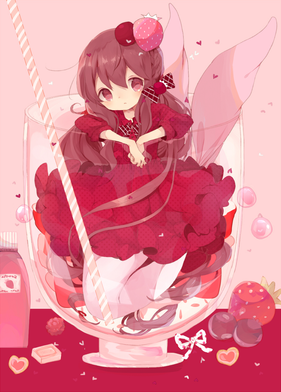 1girl, bottle, bow, braid, bubble, coco_(hinatacoco), cup, dress