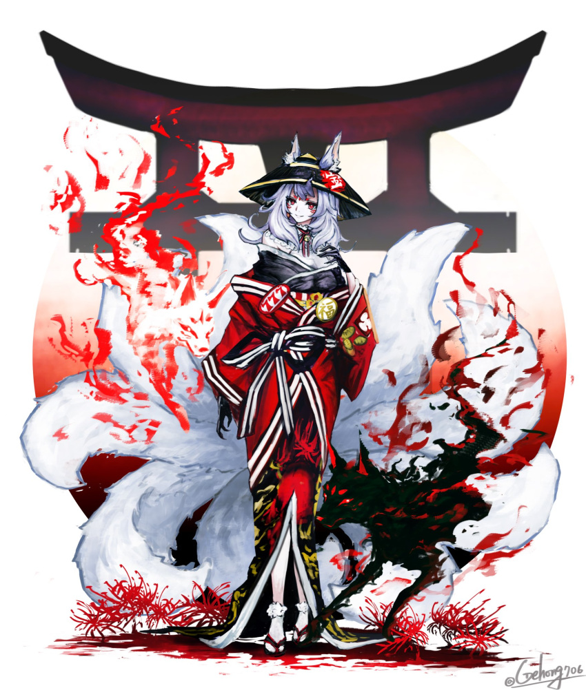 1girl, animal_ears, bell, black_gloves, black_headwear, black_kimono, black_ribbon, english_commentary