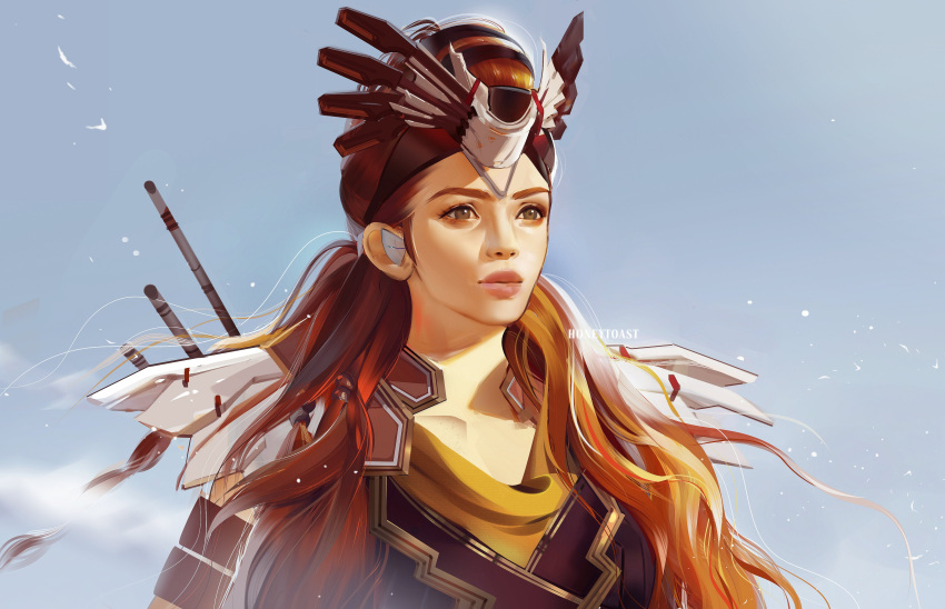 1girl, absurdres, aloy_(horizon), armor, arrow_(projectile), bow_(weapon), brown_eyes, earpiece