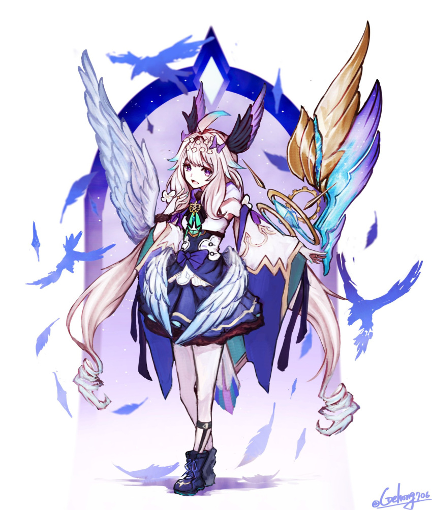 1girl, blonde_hair, blue_footwear, blue_skirt, boots, bow, breasts, enna_alouette