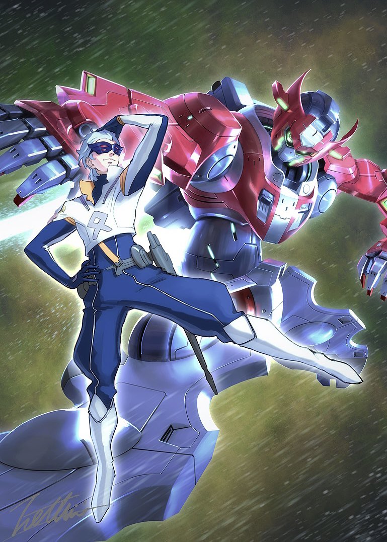 1boy, blue_hair, boots, green_eyes, gundam, gundam_g_no_reconguista, hair_behind_ear, hair_slicked_back