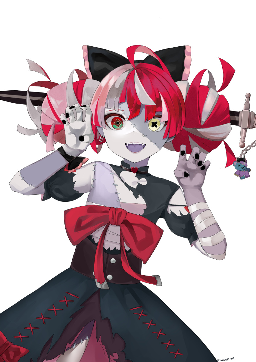 1girl, :d, absurdres, ahoge, artist_name, bandaged_arm, bandaged_chest, bandages