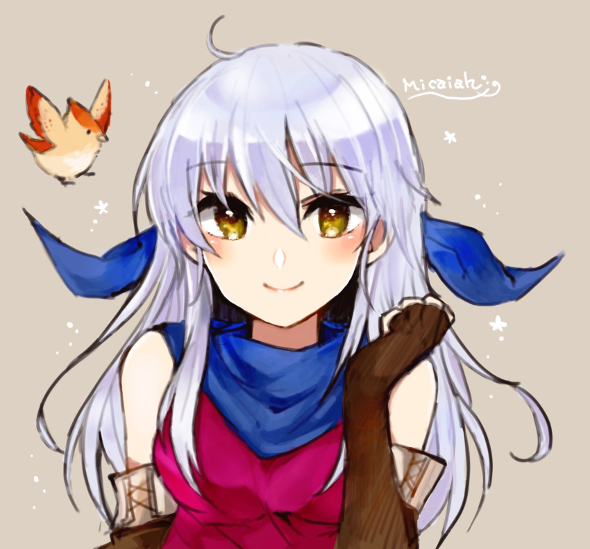 1girl, artist_name, bangs, bird, black_gloves, blue_scarf, dress, elbow_gloves, fingerless_gloves, fire_emblem, fire_emblem:_radiant_dawn, gloves, grey_background, grey_hair, hair_ribbon, half_updo, highres, long_hair, mamepato810, micaiah_(fire_emblem), ribbon, scarf, simple_background, sleeveless, sleeveless_dress, smile, solo, upper_body, yellow_eyes, yune_(fire_emblem)