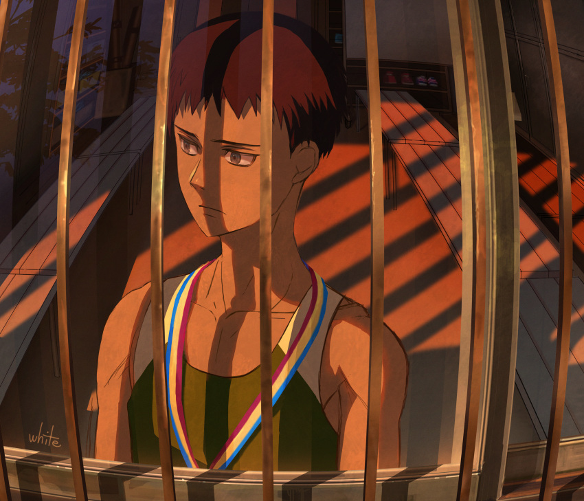 1boy, absurdres, artist_name, bench, brown_eyes, brown_hair, highres, indoors