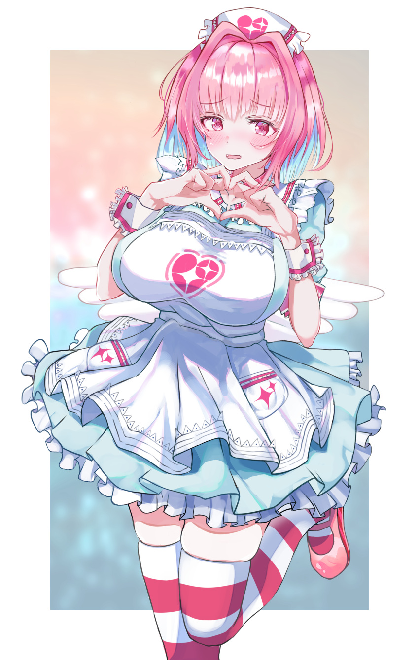 1girl, absurdres, angel_wings, aqua_dress, armband, bangs, blurry, blurry_background, blush, bob_cut, breasts, choker, collarbone, colored_inner_hair, dress, ease_yana_(airse_yana), fang, frilled_dress, frilled_wristband, frills, hair_intakes, hat, heart, heart_hands, heart_on_chest, heart_print, highres, idolmaster, idolmaster_cinderella_girls, idolmaster_cinderella_girls_starlight_stage, large_breasts, leg_up, light_blue_hair, looking_at_viewer, mary_janes, multicolored_hair, multicolored_stripes, nurse_cap, open_mouth, pinafore_dress, pink_choker, pink_eyes, pink_footwear, pink_hair, raised_eyebrows, shoes, short_sleeves, solo, sparkle_print, striped, striped_legwear, thigh-highs, thighs, two-tone_hair, white_background, wings, yumemi_riamu, zipper_pull_tab