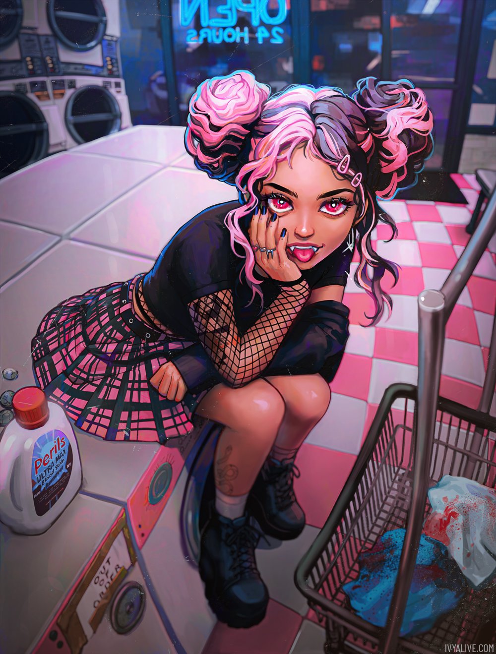 1girl, asymmetrical_sleeves, basket, black_footwear, black_hair, black_nails, black_sleeves, bright_pupils, detached_sleeves, fishnet_sleeves, highres, indoors, ivyalive, jewelry, laundromat, looking_at_viewer, multicolored_hair, original, parted_lips, pink_eyes, pink_hair, pink_skirt, plaid, plaid_skirt, pleated_skirt, ring, shoes, short_sleeves, skirt, solo, tile_floor, tiles, tongue, two-tone_hair, white_pupils