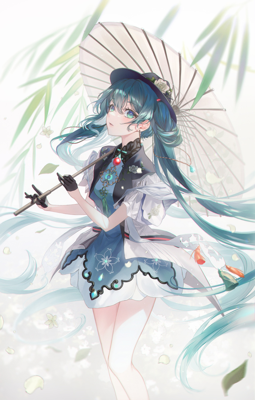 1girl, absurdres, aqua_eyes, aqua_hair, bangs, bare_legs, blush, dress, earrings, flower, hair_ornament, hatsune_miku, highres, holding, holding_umbrella, jewelry, leaf, long_hair, miku_with_you_(vocaloid), oil-paper_umbrella, solo, twintails, umbrella, very_long_hair, vocaloid, white_flower, white_umbrella, yon_(tellmedoor)