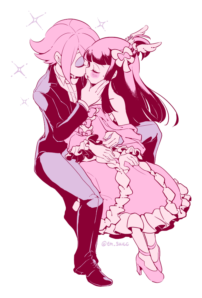 2girls, alternate_costume, androgynous, bare_shoulders, blush, collarbone, dress, hand_on_another's_cheek