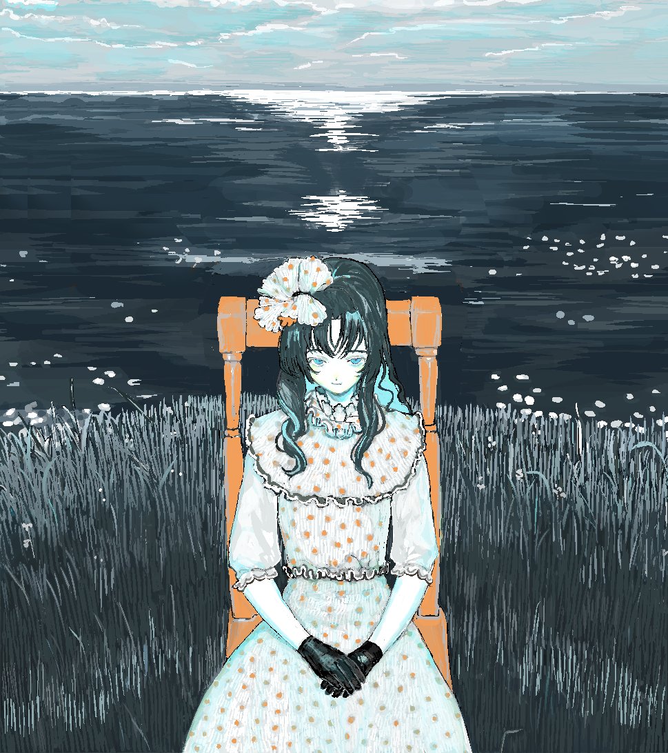 1girl, bangs, black_hair, blue_eyes, dress, grass, hair_ornament, horizon, long_hair, long_sleeves, looking_at_viewer, original, reflection, skna_i, smile, solo, water, white_dress