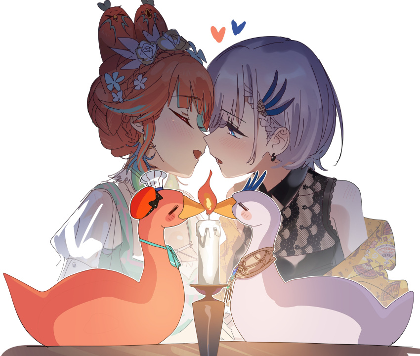 2girls, absurdres, animalization, bangs, bare_shoulders, bird, blue_eyes, blush