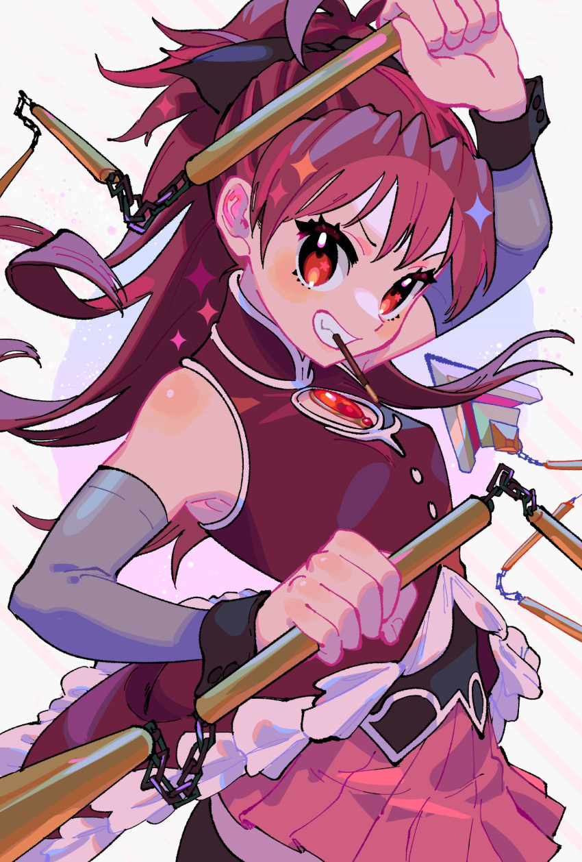 arms_up, bangs, food, highres, long_hair, looking_at_viewer, magical_girl, mahou_shoujo_madoka_magica
