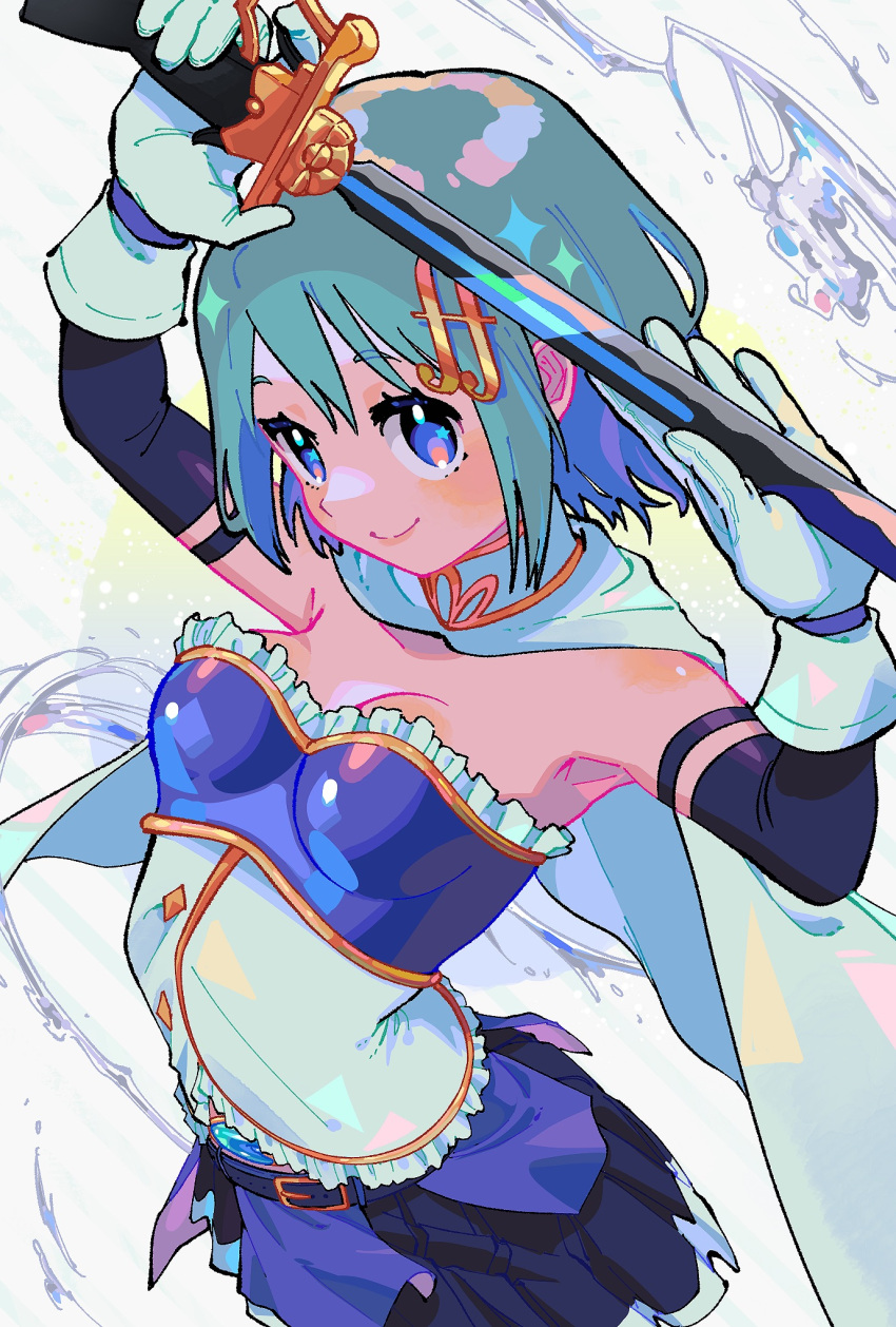 1girl, armpits, black_skirt, blue_eyes, blue_hair, breasts, cape, fortissimo, gloves, hair_ornament, highres, holding, holding_sword, holding_weapon, looking_at_viewer, magical_girl, mahou_shoujo_madoka_magica, medium_breasts, miki_sayaka, musical_note, musical_note_hair_ornament, pleated_skirt, short_hair, skirt, smile, solo, sword, upper_body, weapon, white_background, white_cape, white_gloves, yooki_(winter_cakes)