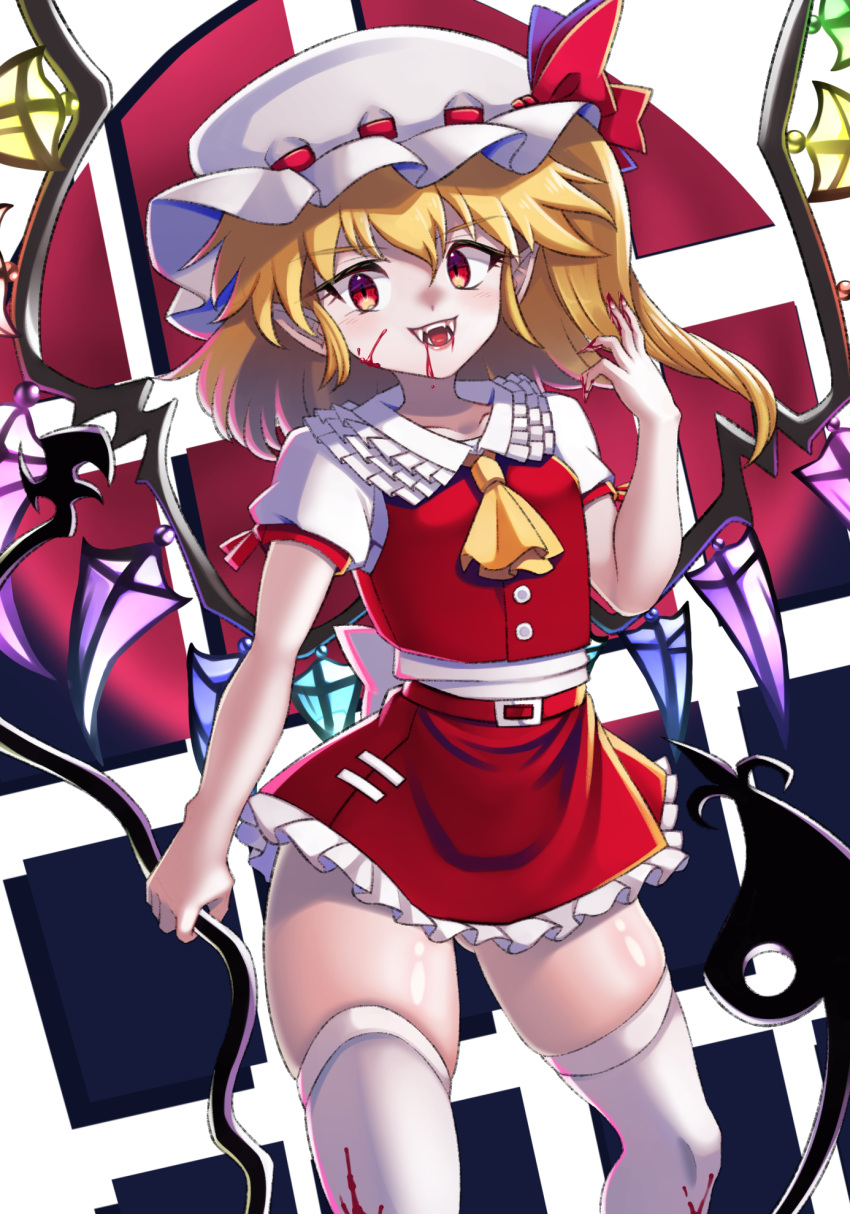 1girl, ascot, belt, blonde_hair, blood, blood_on_clothes, breasts, commentary_request