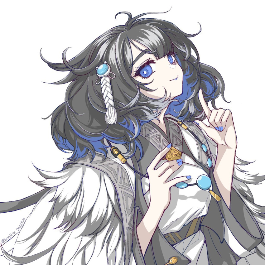 arknights, black_hair, bonjirix, coat, fur_trim, hair_ornament, highres, index_finger_raised