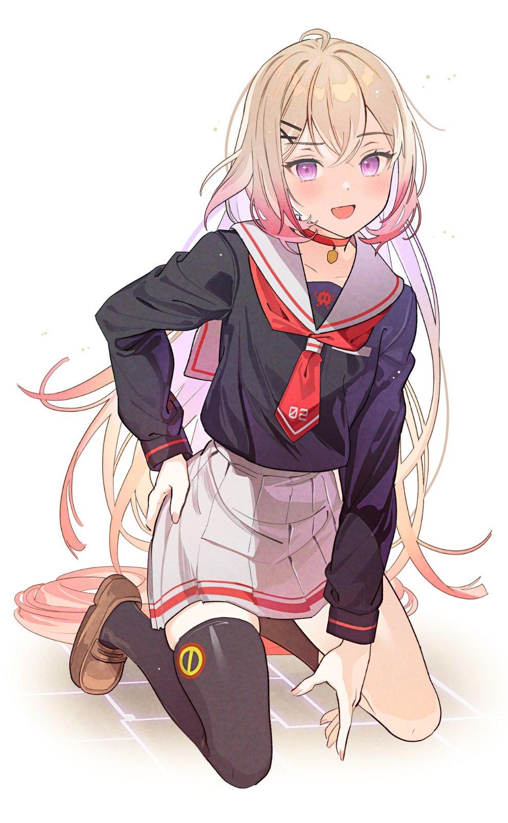 asymmetrical_legwear, black_socks, black_thighhighs, blonde_hair, brown_hair, collar, collarbone, commission