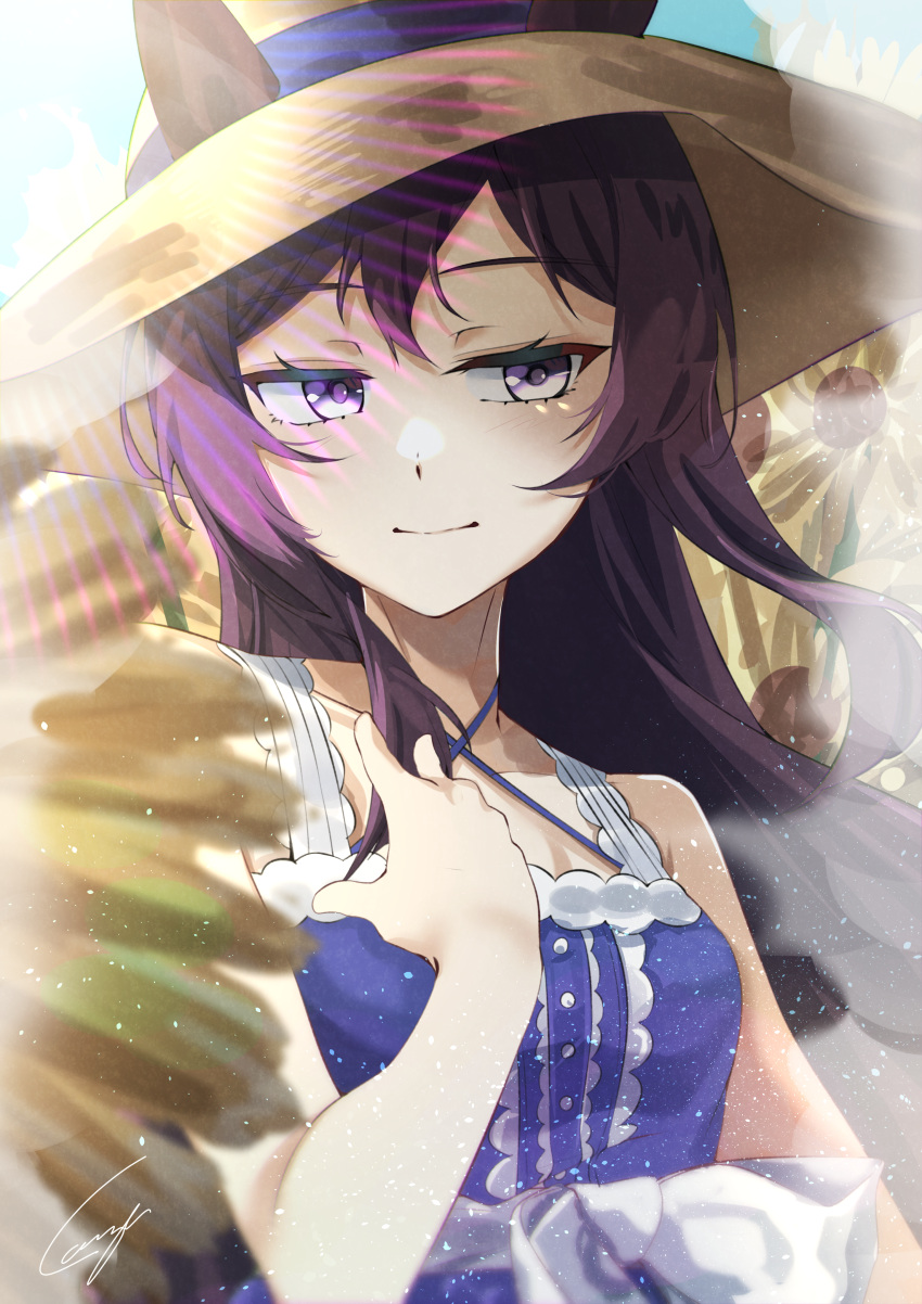 1girl, absurdres, animal_ears, black_hair, blue_dress, dress, flower, hat