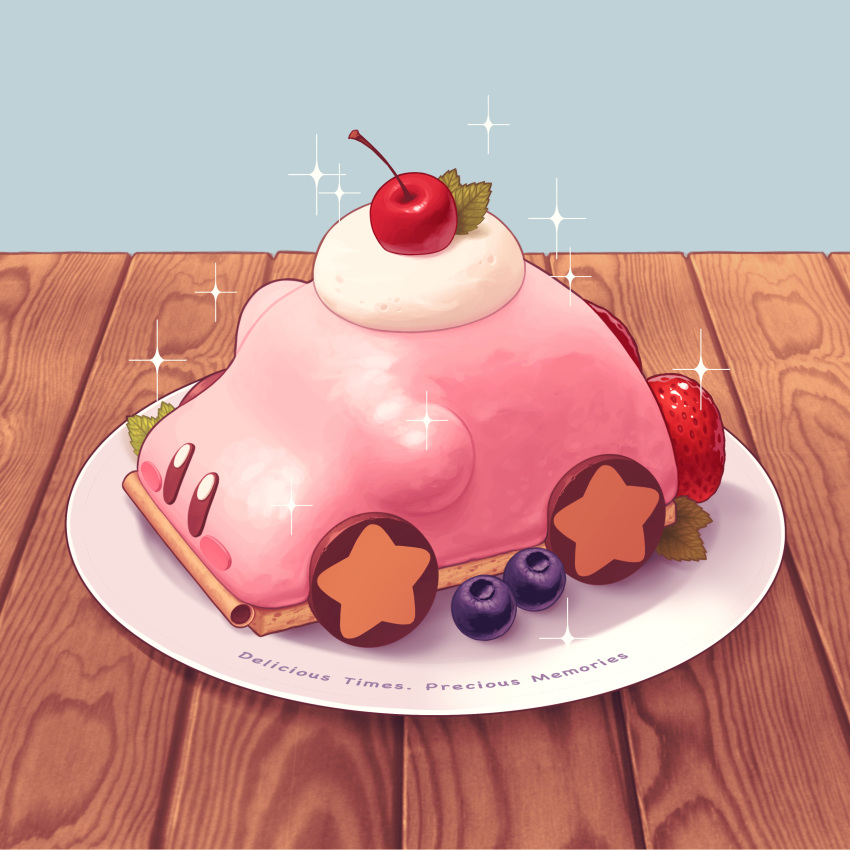 5health, absurdres, blueberry, car_mouth, cherry, cream, food, food_focus, fruit, grey_background, highres, kirby, kirby_(series), kirby_and_the_forgotten_land, kirby_cafe, mint, no_humans, plate, simple_background, sparkle, star_(symbol), strawberry, table, wood, wooden_table