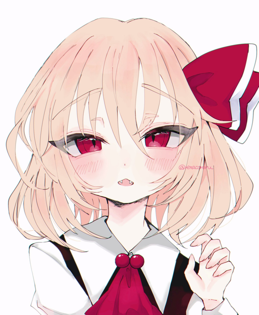 1girl, ascot, bangs, blonde_hair, fangs, hair_between_eyes, hair_ribbon, highres, looking_at_viewer, open_mouth, red_ascot, red_eyes, red_ribbon, renakobonb, ribbon, rumia, short_hair, simple_background, solo, touhou, twitter_username, upper_body, white_background