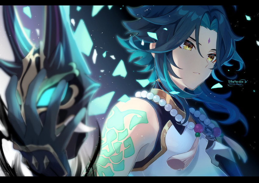 1boy, 8_(e_uu88), arm_tattoo, bead_necklace, beads, black_gloves, black_hair, blue_hair