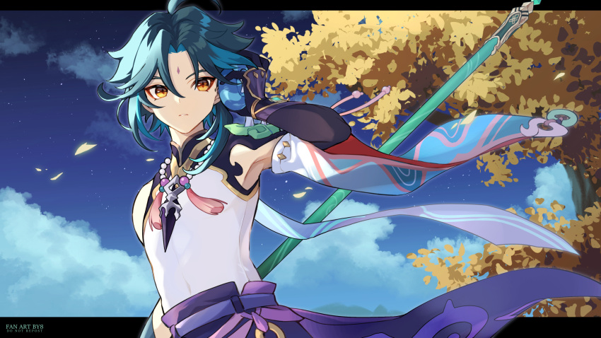 1boy, 8_(e_uu88), bead_necklace, beads, black_gloves, black_hair, blue_hair, clouds