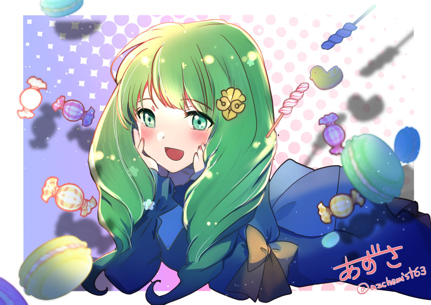 1girl, :d, absurdres, azusa_(azchemist63), bangs, blush, candy, drill_hair, fire_emblem, fire_emblem:_three_houses, flayn_(fire_emblem), food, green_eyes, green_hair, hair_ornament, hairclip, hands_on_own_face, highres, long_hair, looking_at_viewer, lying, macaron, on_stomach, open_mouth, smile, solo, twin_drills, twitter_username