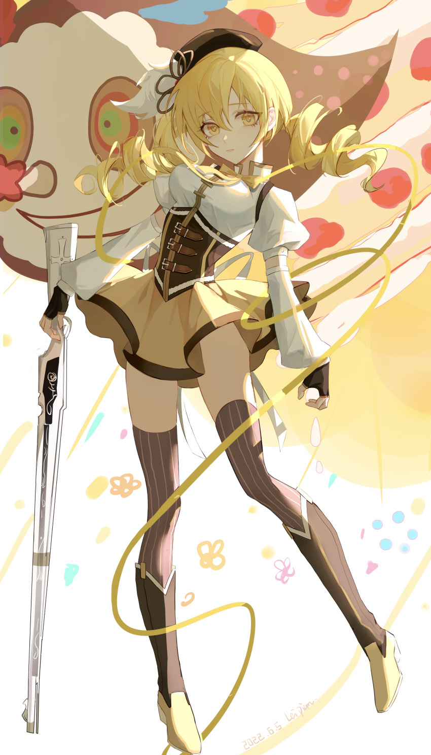 1girl, absurdres, bangs, beret, black_gloves, black_headwear, blonde_hair, boots