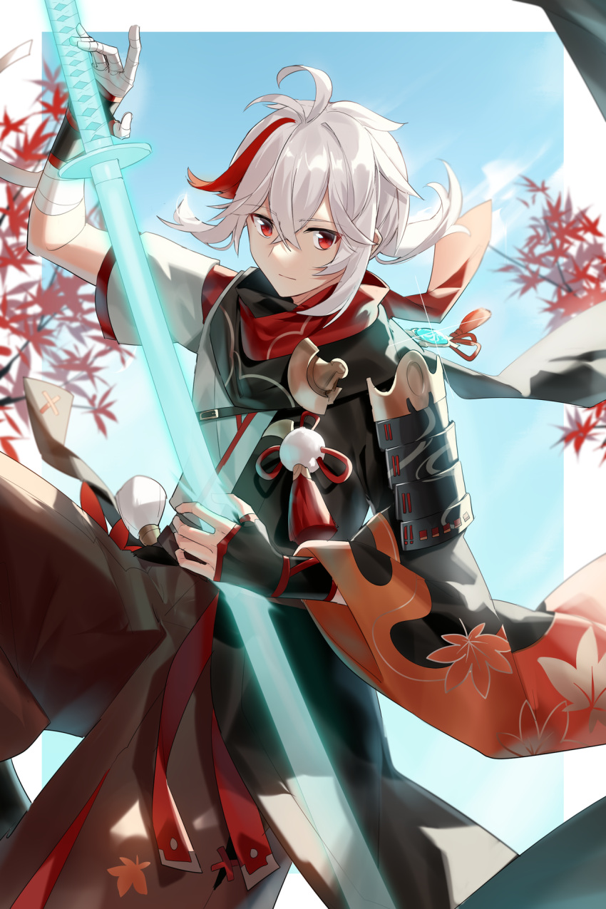 1boy, antenna_hair, armor, bandaged_hand, bandages, bangs, black_gloves, closed_mouth