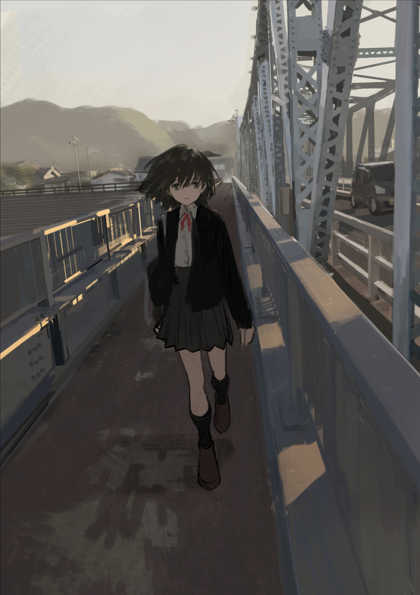 1girl, bag, bangs, black_jacket, black_socks, blazer, blue_eyes, bridge, brown_footwear, brown_hair, building, collared_shirt, dress_shirt, expressionless, grey_skirt, highres, hill, jacket, jetpacksss, kneehighs, loafers, long_sleeves, looking_at_viewer, neck_ribbon, original, outdoors, parted_lips, pleated_skirt, red_ribbon, ribbon, scenery, school_bag, shirt, shoes, short_hair, skirt, sky, socks, solo, standing, tree, truss_bridge, white_shirt