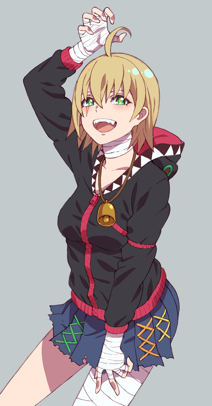 1girl, ahoge, bandaged_arm, bandaged_hand, bandaged_leg, bandaged_neck, bandages, bangs