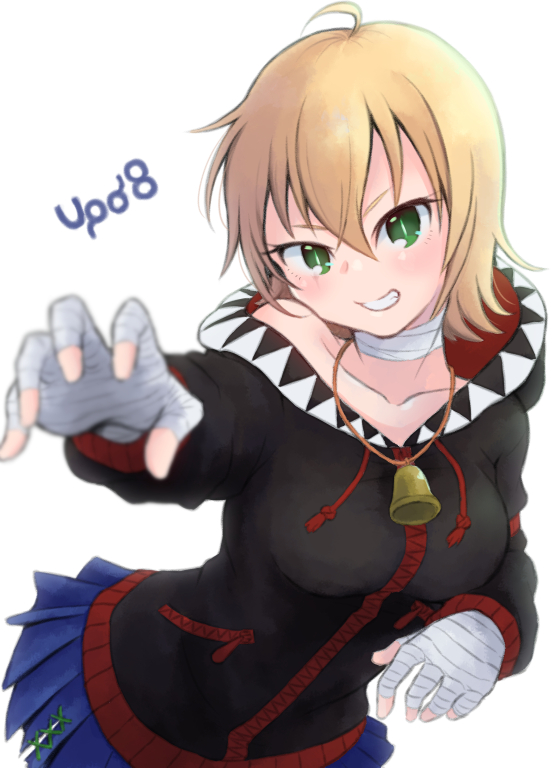 1girl, bandaged_hand, bandaged_neck, bandages, bangs, bell, black_hoodie, blonde_hair, blue_skirt, blush, breasts, cafe_no_zombi-ko, commentary_request, cowboy_shot, green_eyes, grin, hair_between_eyes, hood, hood_down, hoodie, kaneko_kogane, large_breasts, long_sleeves, looking_at_viewer, medium_breasts, miniskirt, plant, project_upd8, short_hair, simple_background, skirt, smile, solo, virtual_youtuber, white_background
