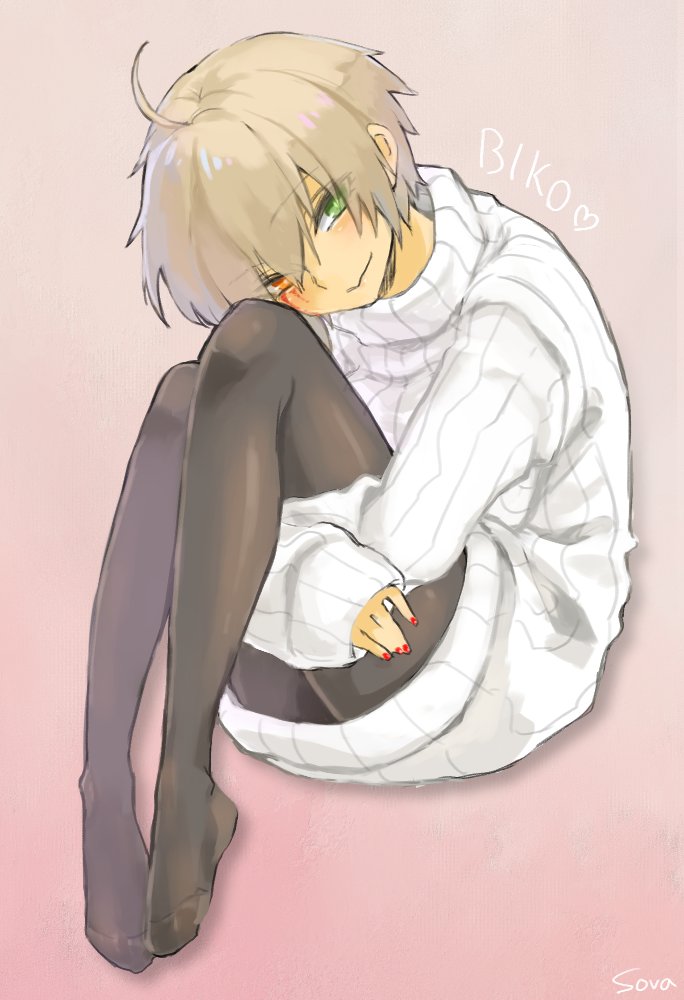 1girl, ahoge, alternate_costume, bangs, black_pantyhose, blonde_hair, blush, brown_background