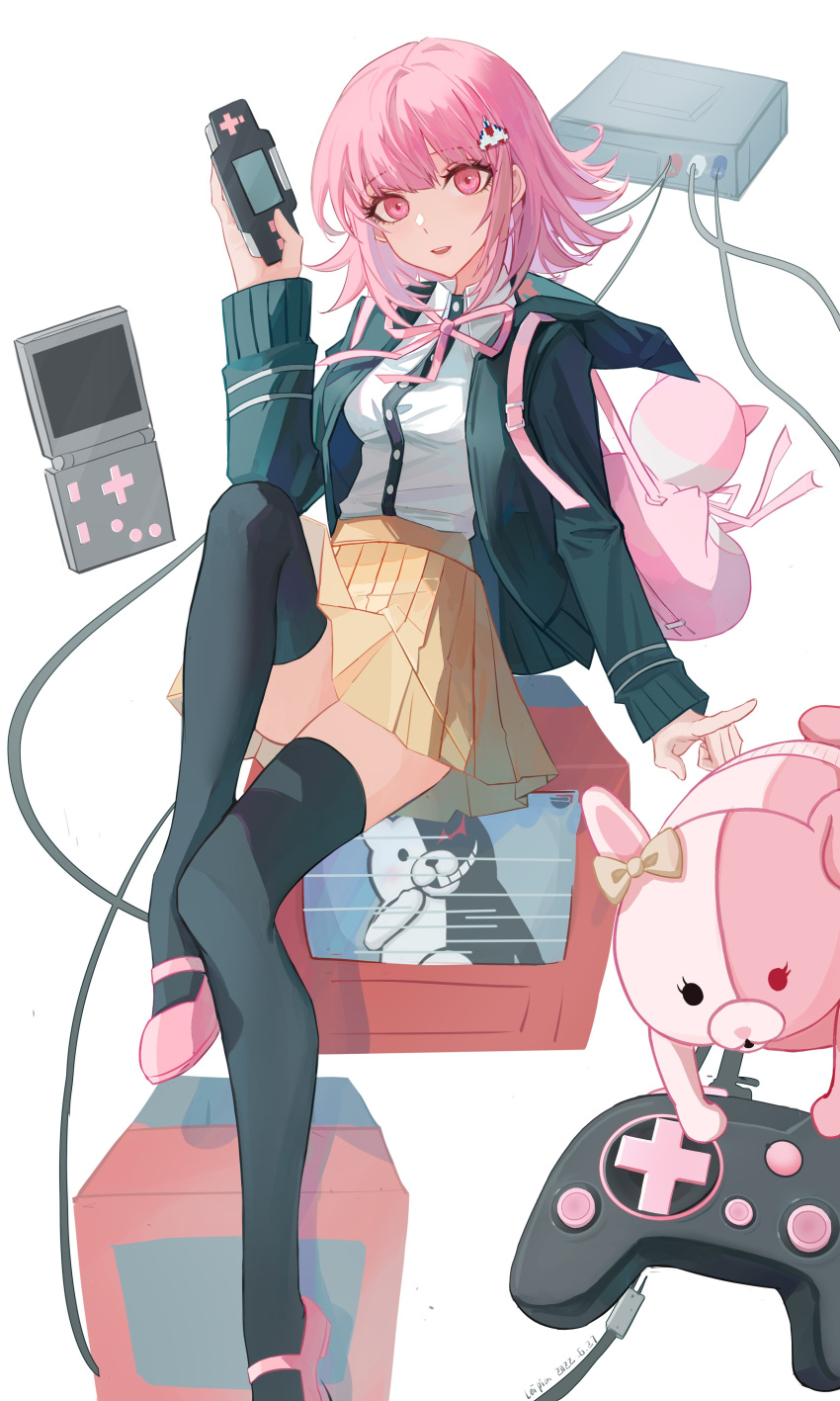 1girl, absurdres, bag, bangs, black_jacket, black_thighhighs, blunt_bangs, buttons