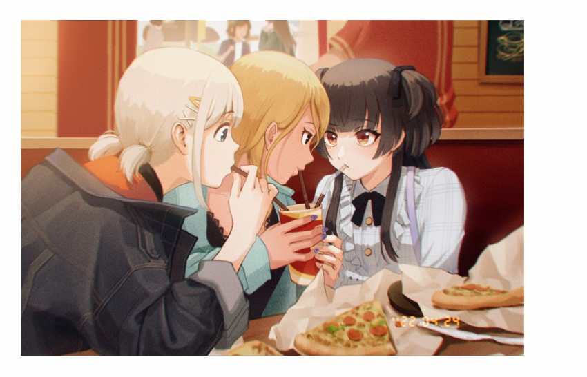 1other, 5girls, cola, cup, dated, denim, denim_jacket, disposable_cup