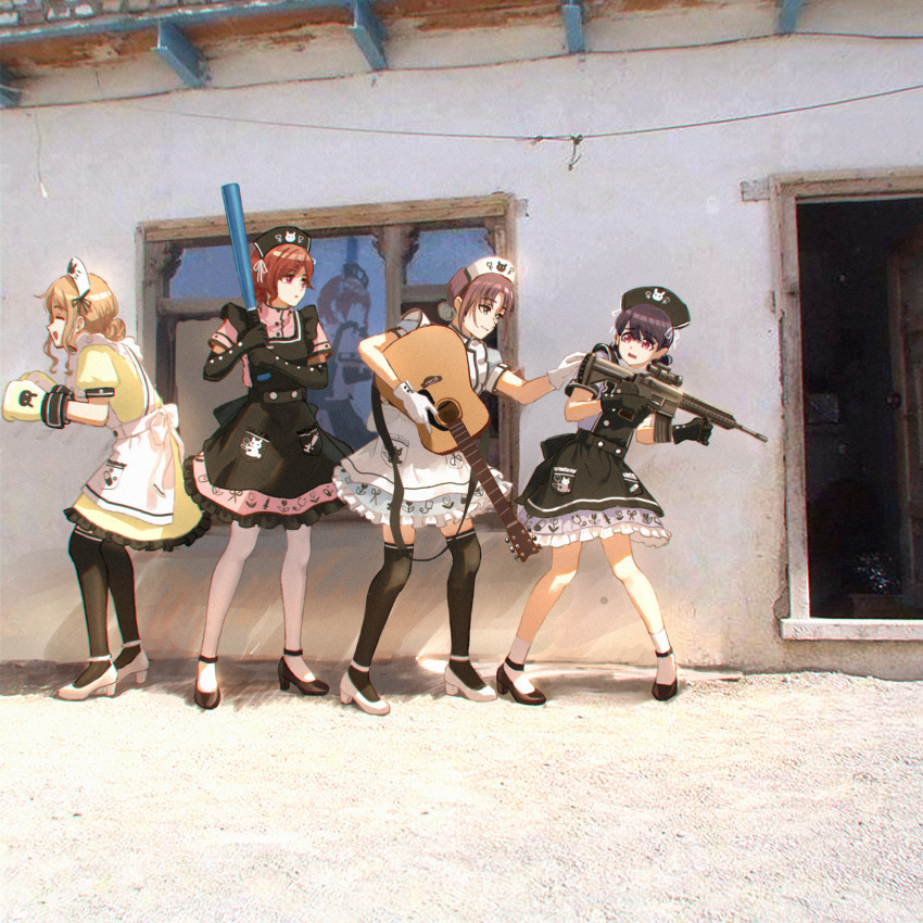 4girls, acoustic_guitar, apron, asakura_toru, assault_rifle, baseball_bat, black_apron, black_thighhighs