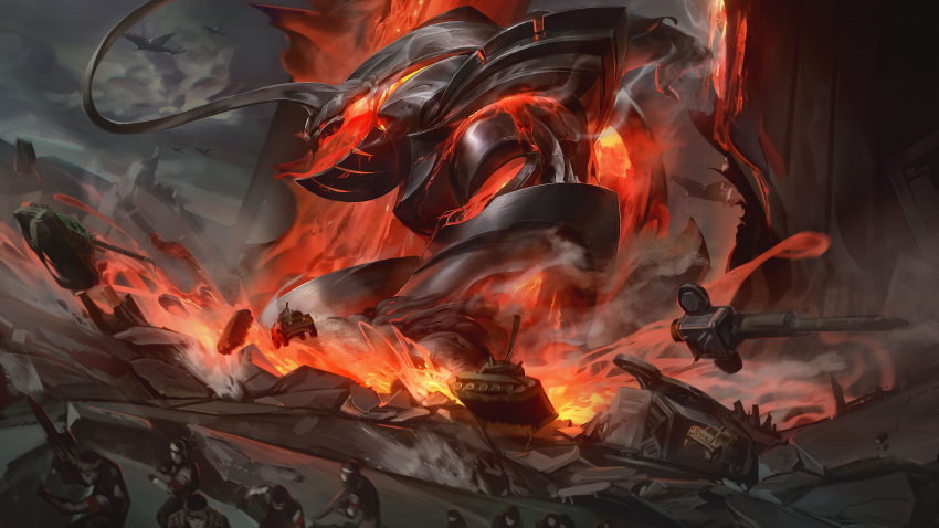 6+others, absurdres, battlecast_zac, dust, giant, glowing, glowing_eyes, ground_vehicle