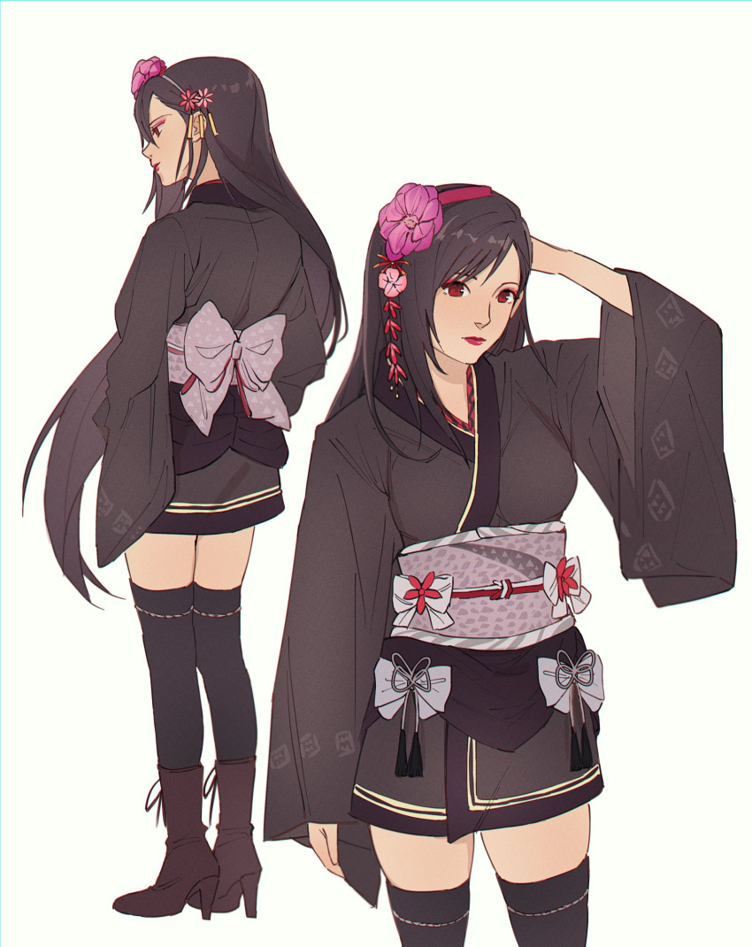 1girl, arm_up, black_hair, black_thighhighs, eyeshadow, final_fantasy, final_fantasy_vii, final_fantasy_vii_remake, flower, hair_flower, hair_ornament, high_heels, highres, japanese_clothes, kimono, long_hair, long_sleeves, makeup, multiple_views, official_alternate_costume, perlmuttt, red_eyes, red_eyeshadow, red_lips, simple_background, standing, thigh-highs, tifa_lockhart, tifa_lockhart's_exotic_dress, zettai_ryouiki