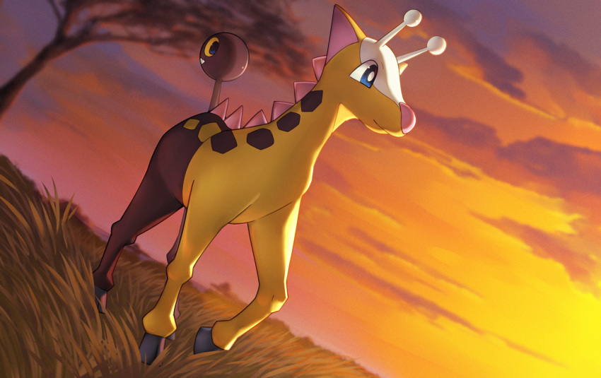 blue_eyes, bright_pupils, closed_mouth, clouds, commentary_request, girafarig, grass, naoki_eguchi
