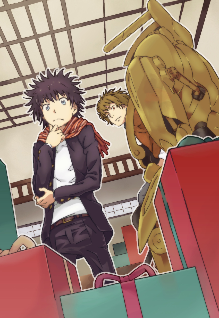 2boys, belt, black_hair, black_jacket, black_pants, box, brown_belt, brown_eyes