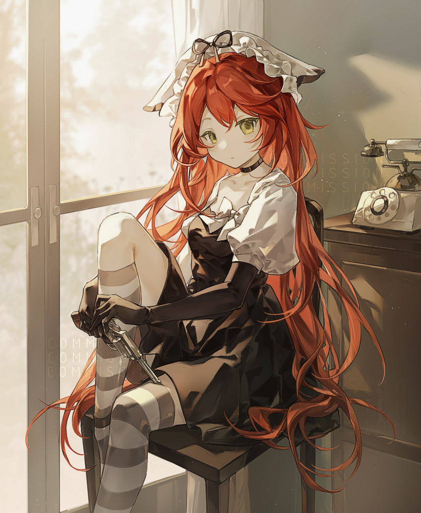 1girl, arm_around_leg, bangs, black_choker, black_dress, black_ribbon, black_thighhighs, bow