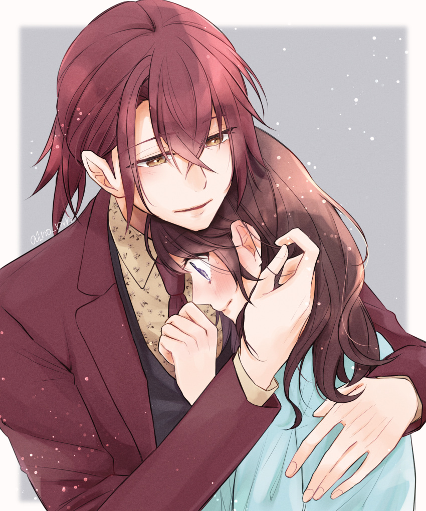 1boy, 1girl, absurdres, black_vest, blue_shirt, blush, brown_eyes, brown_hair