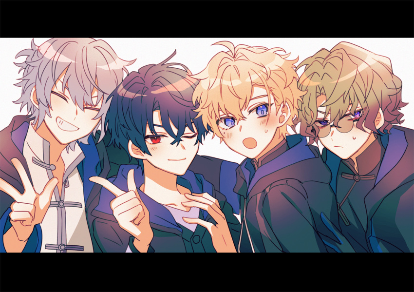 4boys, black_hair, blonde_hair, blue_eyes, blue_hair, blush, brown_hair, closed_mouth