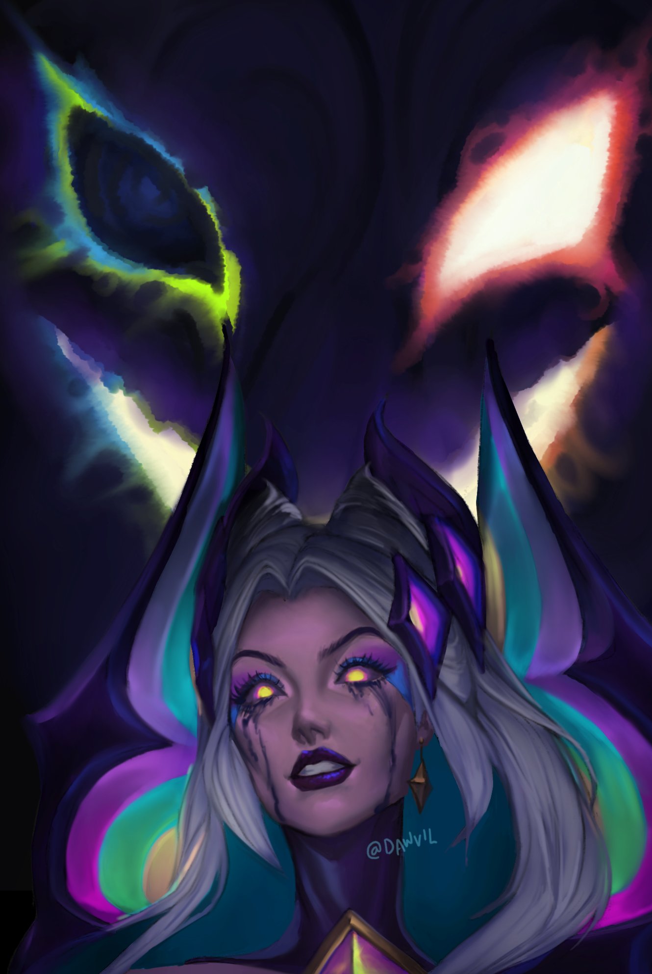 1girl, alternate_costume, black_eyes, dark, dawvil, ear_piercing, earrings, eyeshadow, fiddlesticks, glowing, glowing_eyes, hair_ornament, heterochromia, highres, jewelry, league_of_legends, long_hair, looking_at_viewer, makeup, morgana_(league_of_legends), piercing, purple_lips, red_eyes, smile, star_nemesis_fiddlesticks, star_nemesis_morgana, stud_earrings, tears, white_hair, yellow_eyes