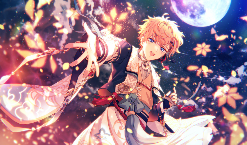 1boy, blonde_hair, blue_eyes, blush, flower, heathcliff_blanchett, highres, long_sleeves
