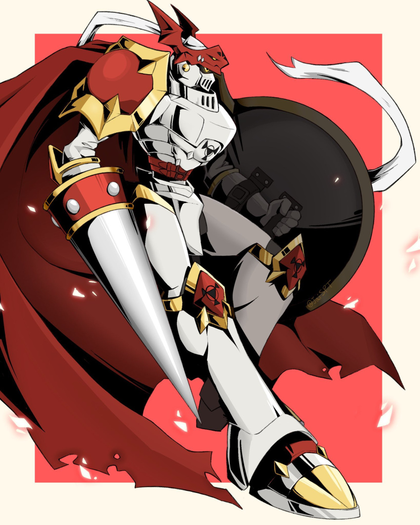 armor, cape, digimon, digimon_(creature), digimon_tamers, dukemon, gloves, grey_background, helm, helmet, highres, holding, holding_clothes, holding_gloves, holding_shield, horns, jaime_(jai_spt), knight, lance, no_humans, polearm, red_background, red_cape, red_eyes, shield, shiny, shiny_clothes, shoulder_armor, solo, torn_cape, torn_clothes, weapon