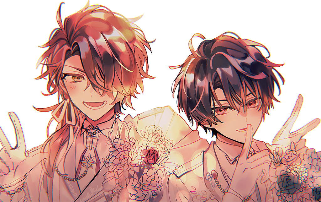 2boys, black_hair, bouquet, cain_knightley, gloves, hair_over_one_eye, long_hair, long_sleeves